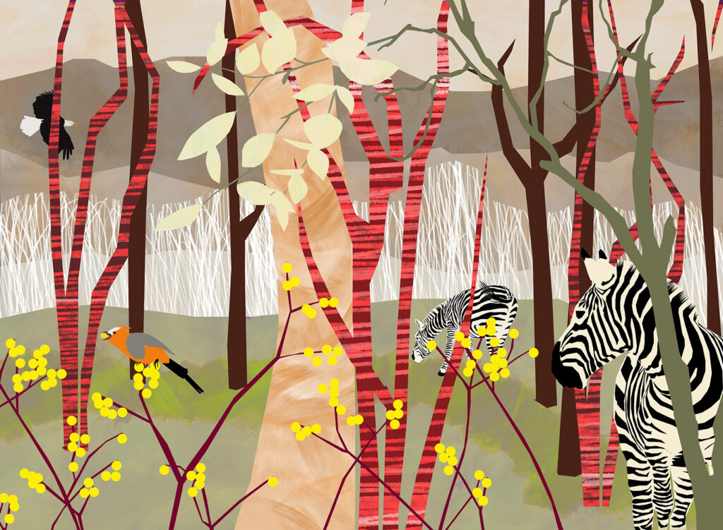 Among the Trees I See You 72 Large abstract nature artwork with zebra and trees by Carmen Wakeford