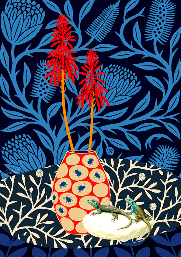 Nature abstract artwork of an aloe plant, patterned vessel, and lizards on a deep blue botanical background