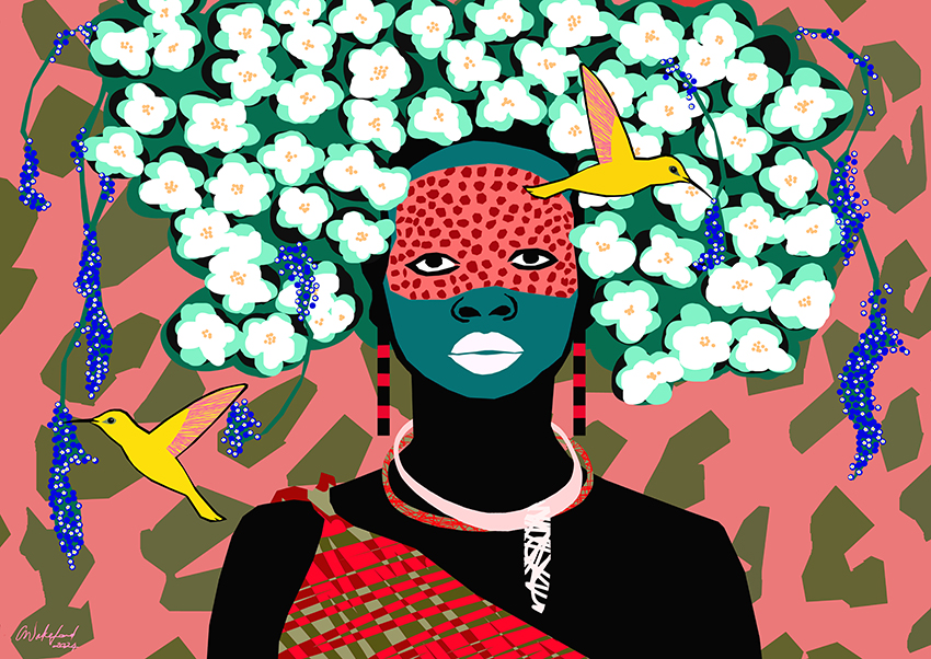 Portrait artwork featuring two birds in motion around a central face, symbolising duality, balance, and movement between contrasting states.