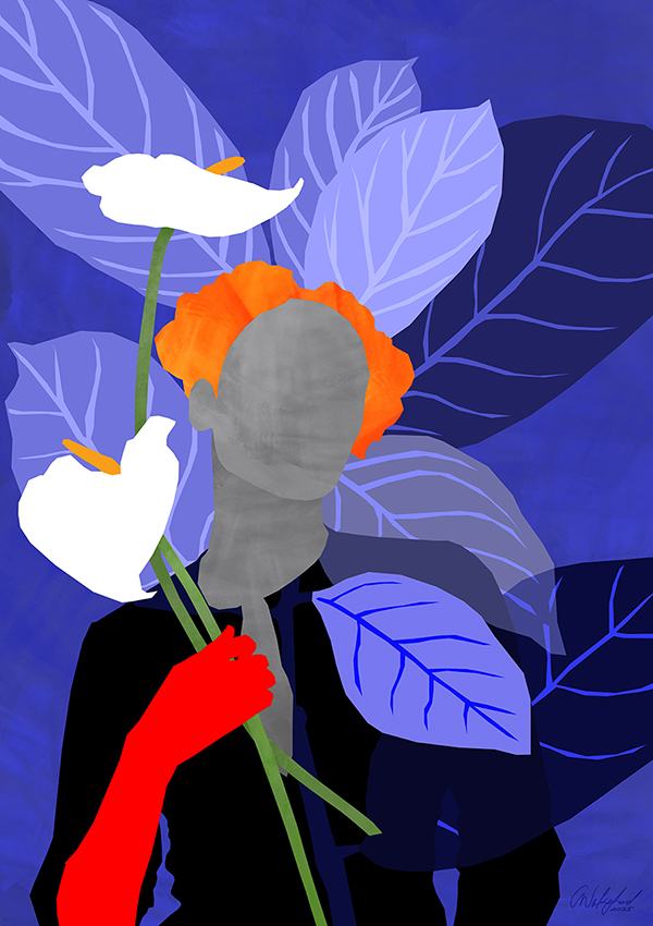 Indigo with Anthuriums Fine Art Print | Modern Botanical Portrait Wall Art A1